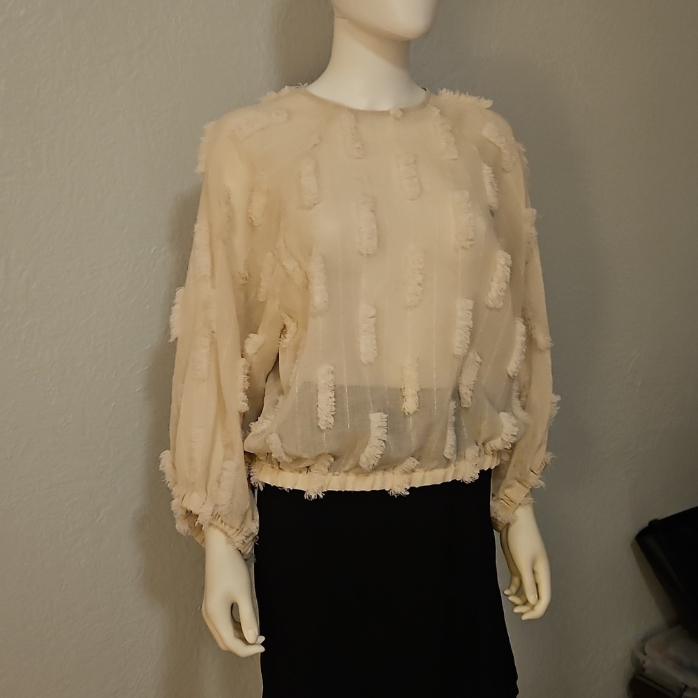 ZARA Cream Textured Metallic Gold Balloon Sleeve Oversized Sheer Blouson Top - Picture 2 of 7
